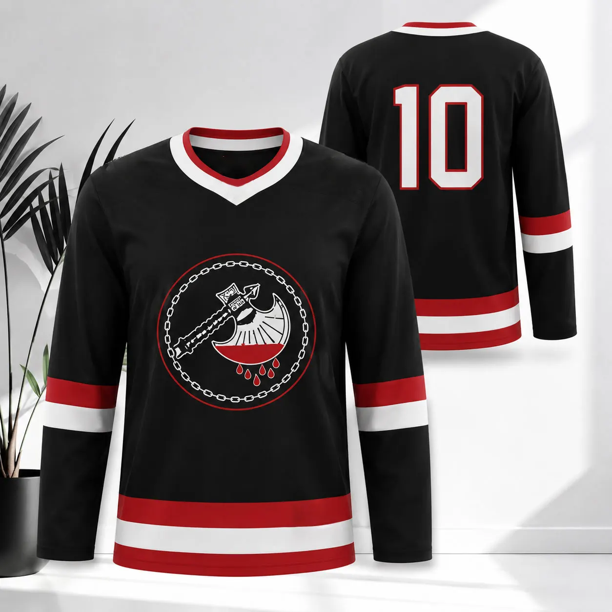 Metal Blade Records Axe Logo Long Sleeve Hockey Jersey, Red Black Striped No.10 Graphic Casual Sports Tee Unisex for Men Women