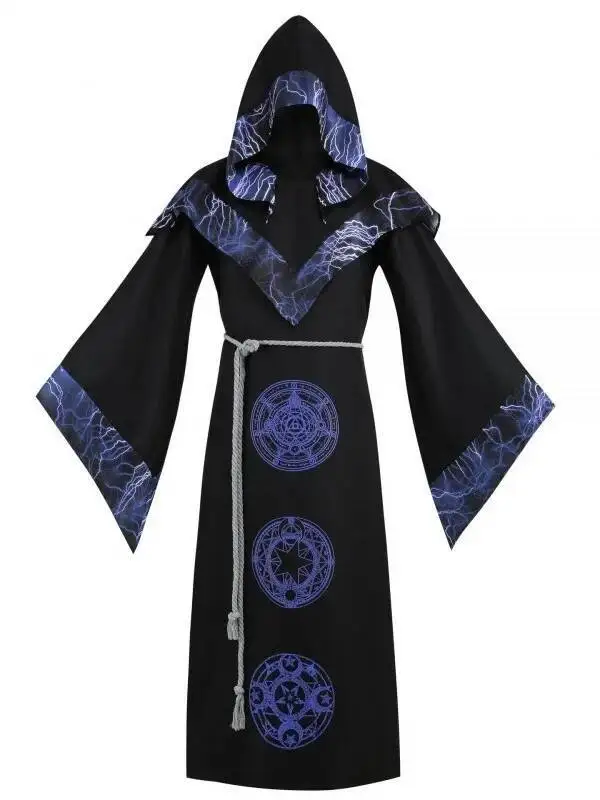 كوس عباءة سوداء معالج الظلام رداء هالوين تأثيري معالج القرون الوسطى عباءة مع غطاء محرك السيارة مرحلة الأداء C #3