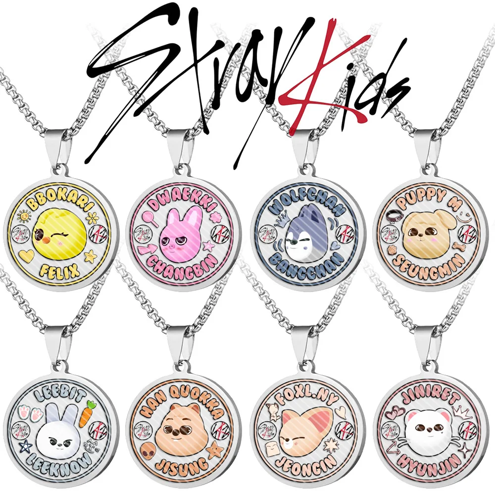 

JYP x Stray Kids, круглое ожерелье из нержавеющей стали с цветным принтом SKZOO, подвеска из титановой стали, цепочка для свитера Kpop Merch