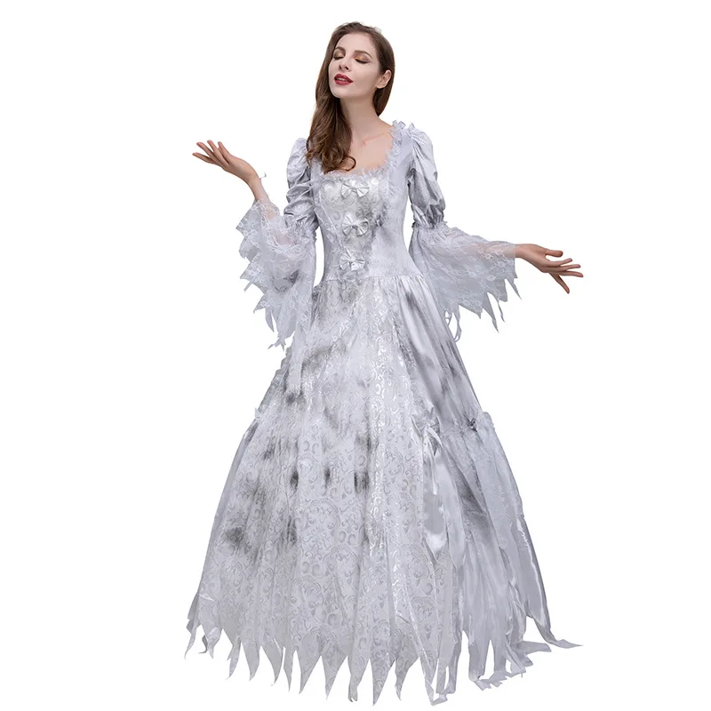 

Medieval Women Bride Outfit Halloween Flare Sleeve Asymmetric Vintage Lace Long Dress Party Performance Costumes