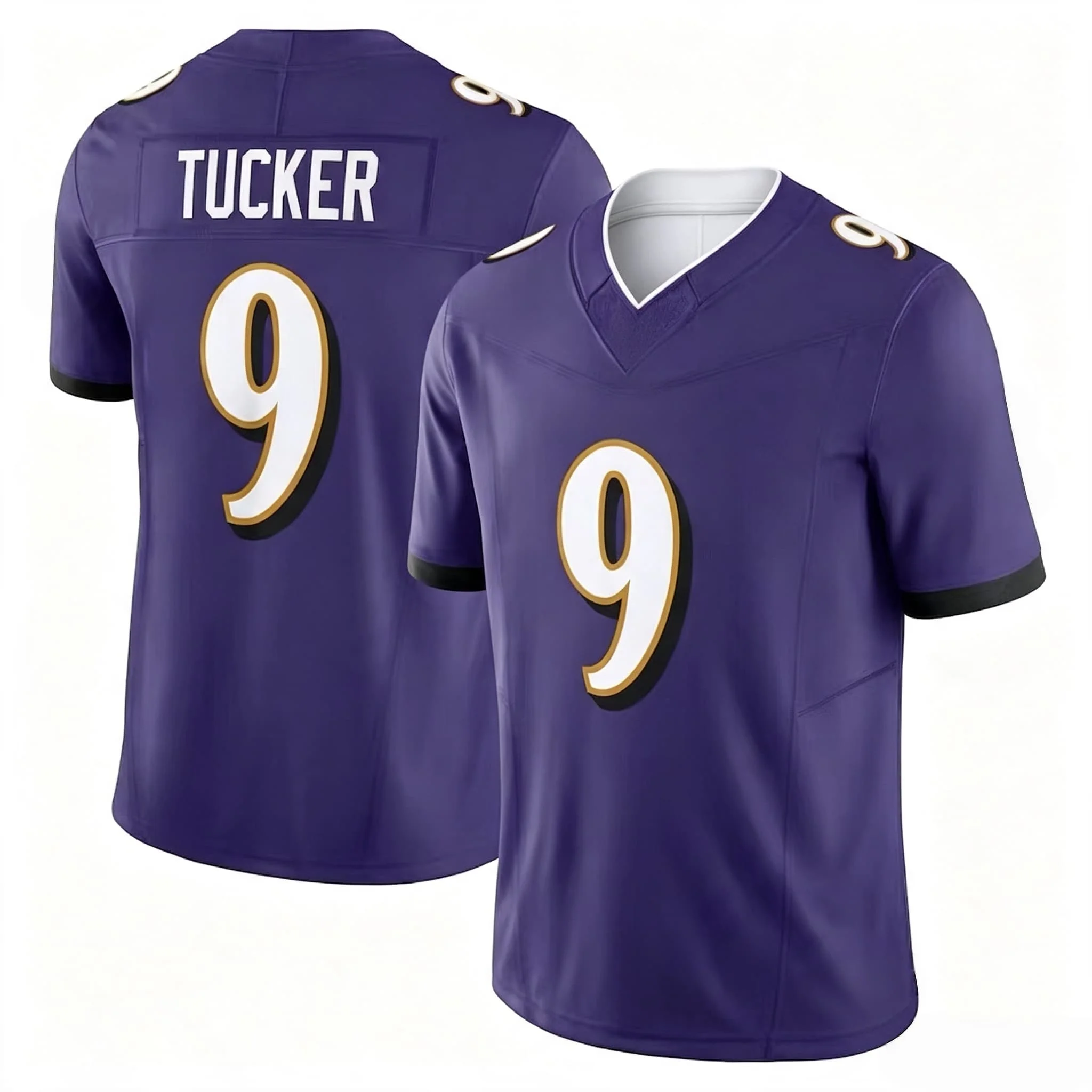 Hombres # 9 Tucker Jersey de Fútbol Americano de Manga Corta con Cuello en V, Deportivo, Morado y Negro, para Aficionados, Local y Visitante, Combinable para Familias