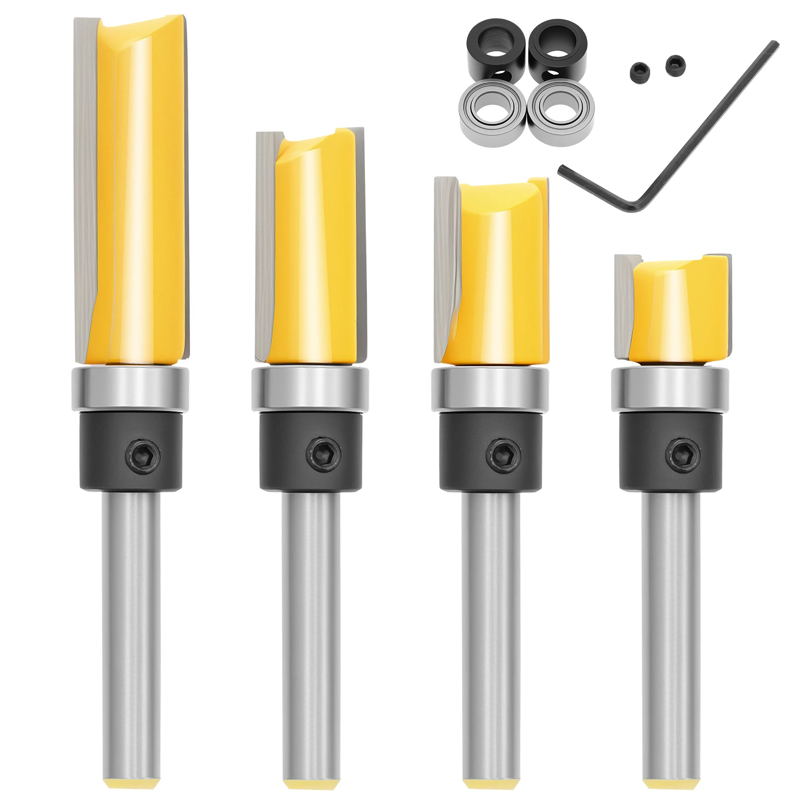 4Pcs Top Bearing Flush Trim Router Bit Set Carbide Flush Cut Router Bit 1/4 Inch Shank Wood Trimming Cutter for Woodworking