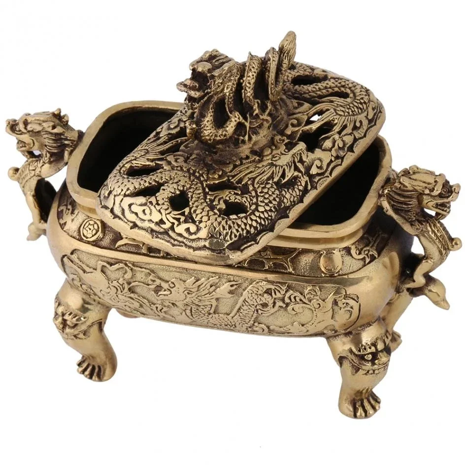 Top Quality Incense Burner With Lid Antique Bronze Copper Chinese Dragon Incense Burner Holder Creative Metal Craft Home Decor