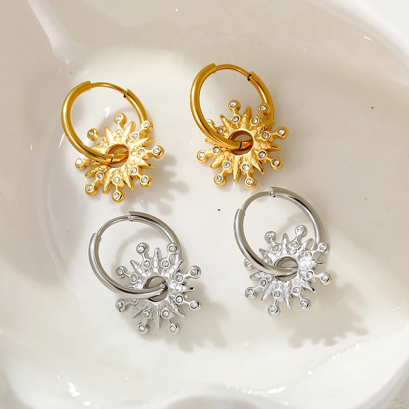 PANGJERY 316L Stainless Steel Prevent Allergy Hoop Earrings For Women Simple Zircon Sunburst Birthday Party Jewelry Gifts 