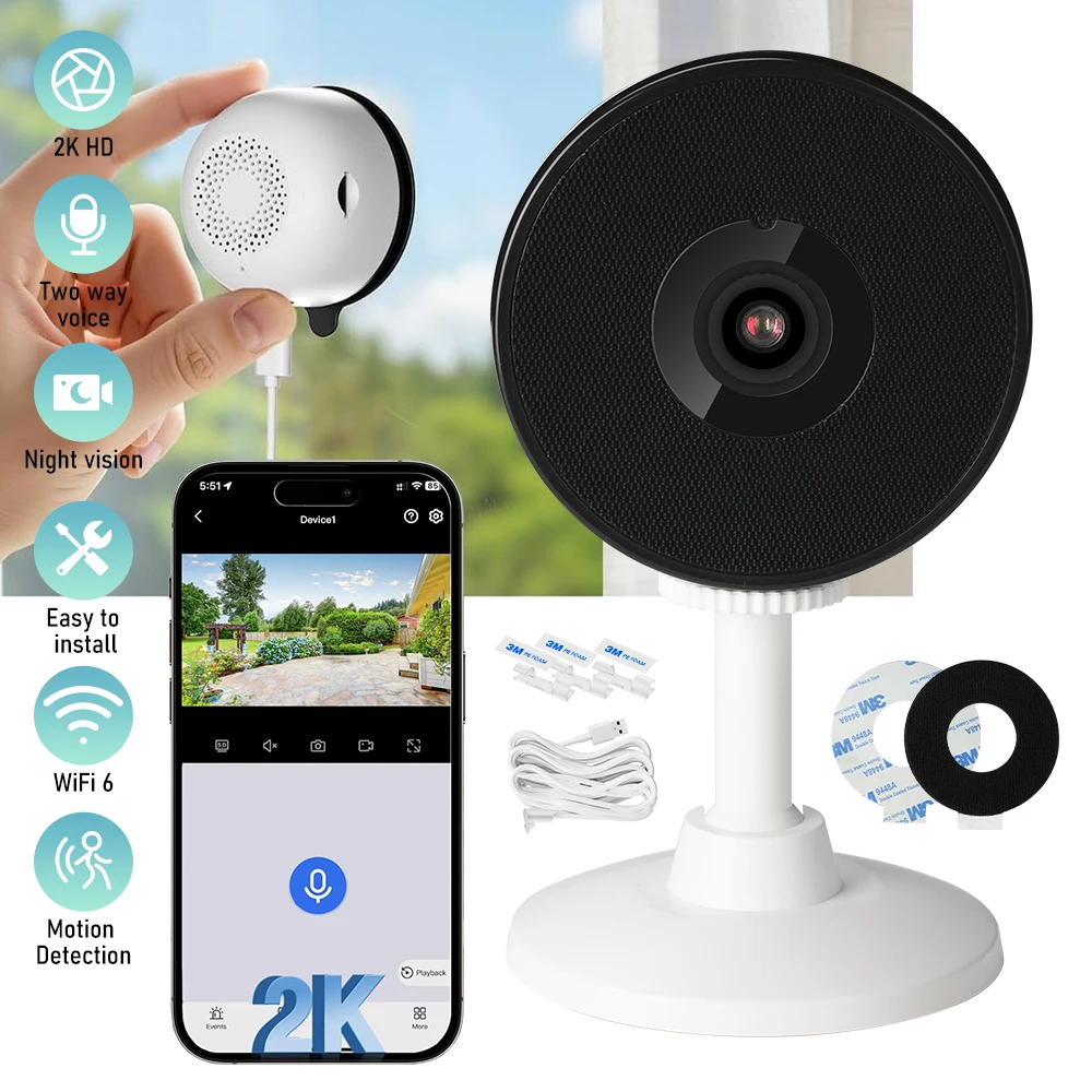 2K HD WiFi Window Security Camera 2.4G Wireless Indoor Surveillance Cam Two Way Audio Night Vision Motion Detection Support 128GB SD Card Easy Adhesive Installation Home Monitor Camera