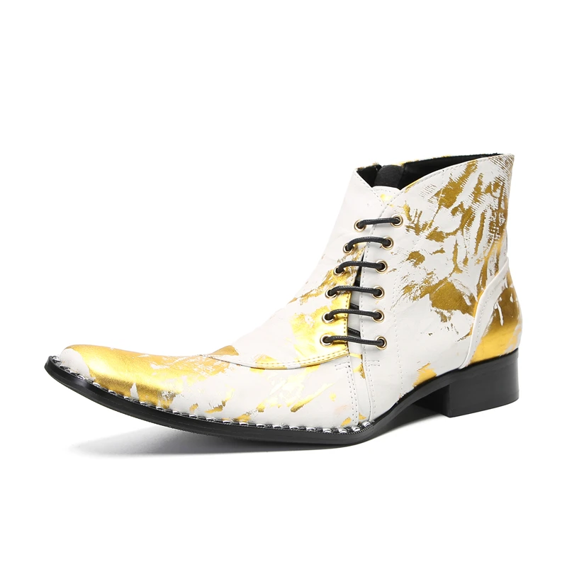 

Plus Size Gold Men Zipper Lace Up Pointed Toe Party Cow Leather Shoes Club Prom Short Boots Winter Banquet Plus Size Ankle Boots