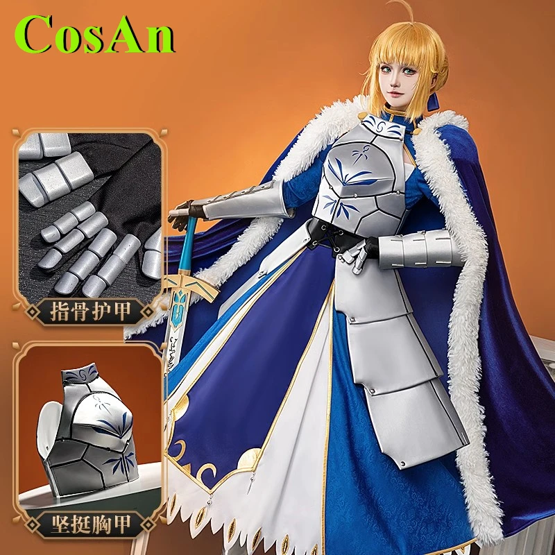 CosAn Game Fate Stay Night Altria Pendragon Cosplay Costume Saber FGO Altria Pendragon Combat Dress Role Play Clothing Blue Wome