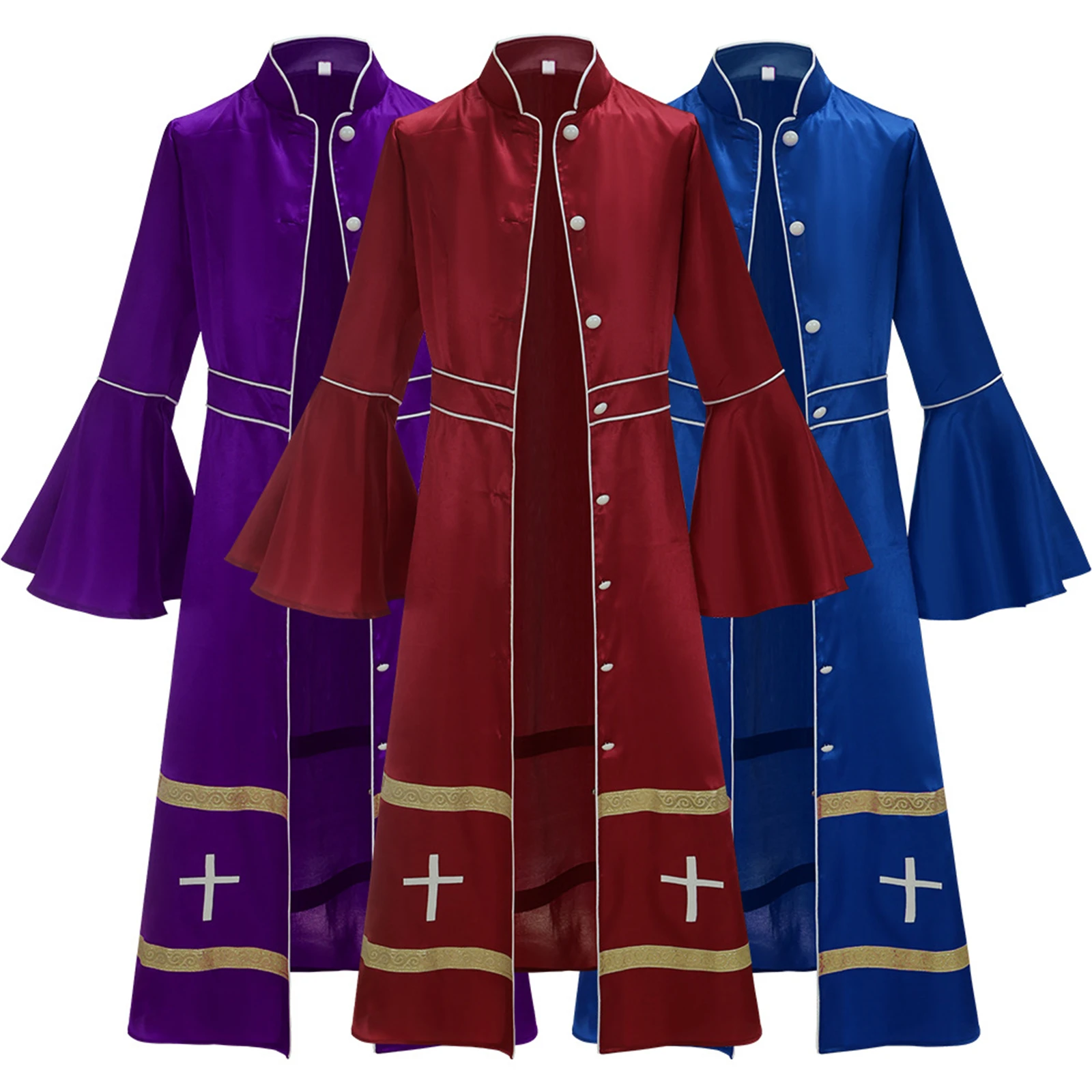 

Womens Minister Elegant Church Choir Robe Solid Stand Collar Flare Sleeve Clergy Maxi Dress Clergy Robes Cosplay Costume