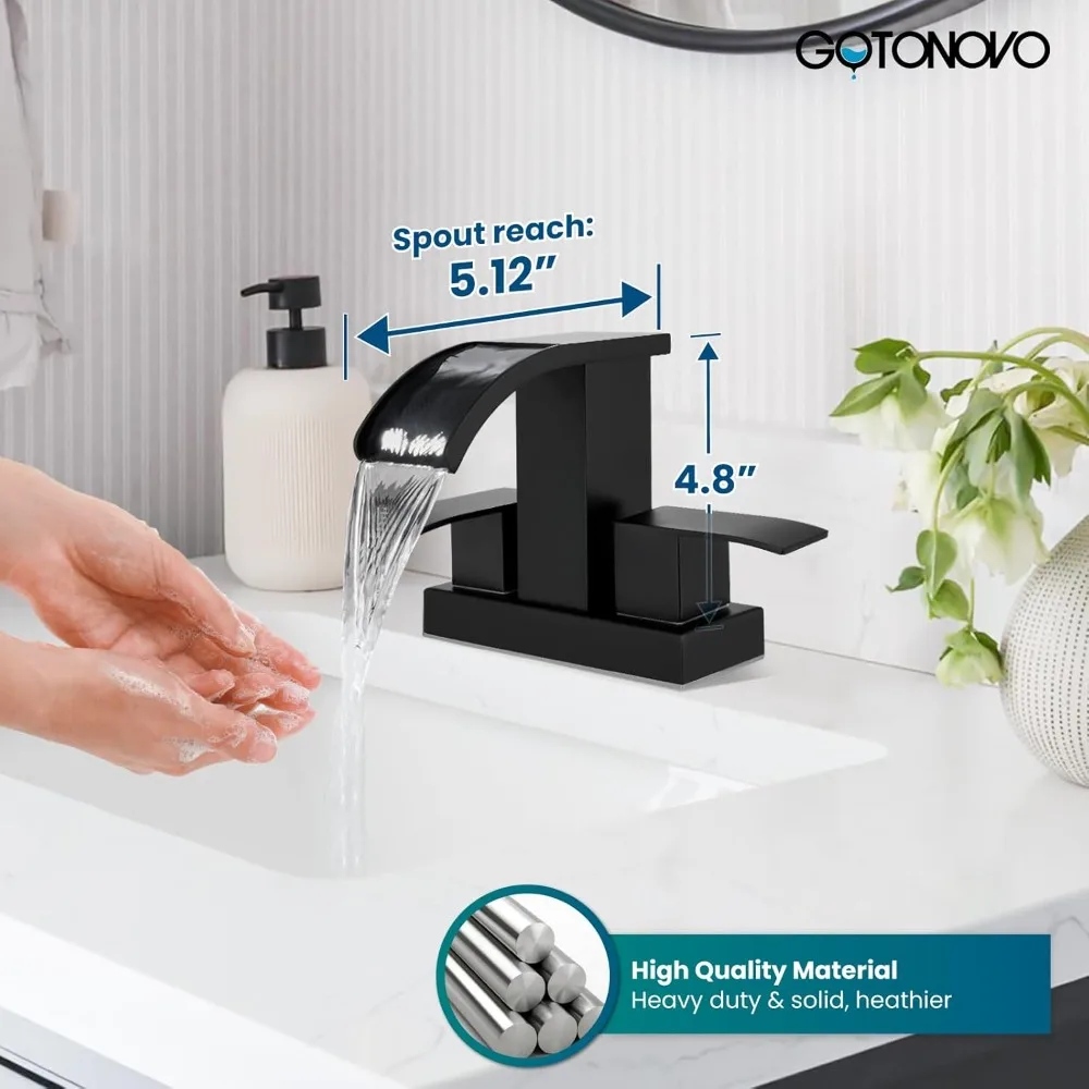 Waterfall Bathroom Sink Faucet 2 Handle Basin Modern Mixer Tap Matte Black with Pop Up Drain