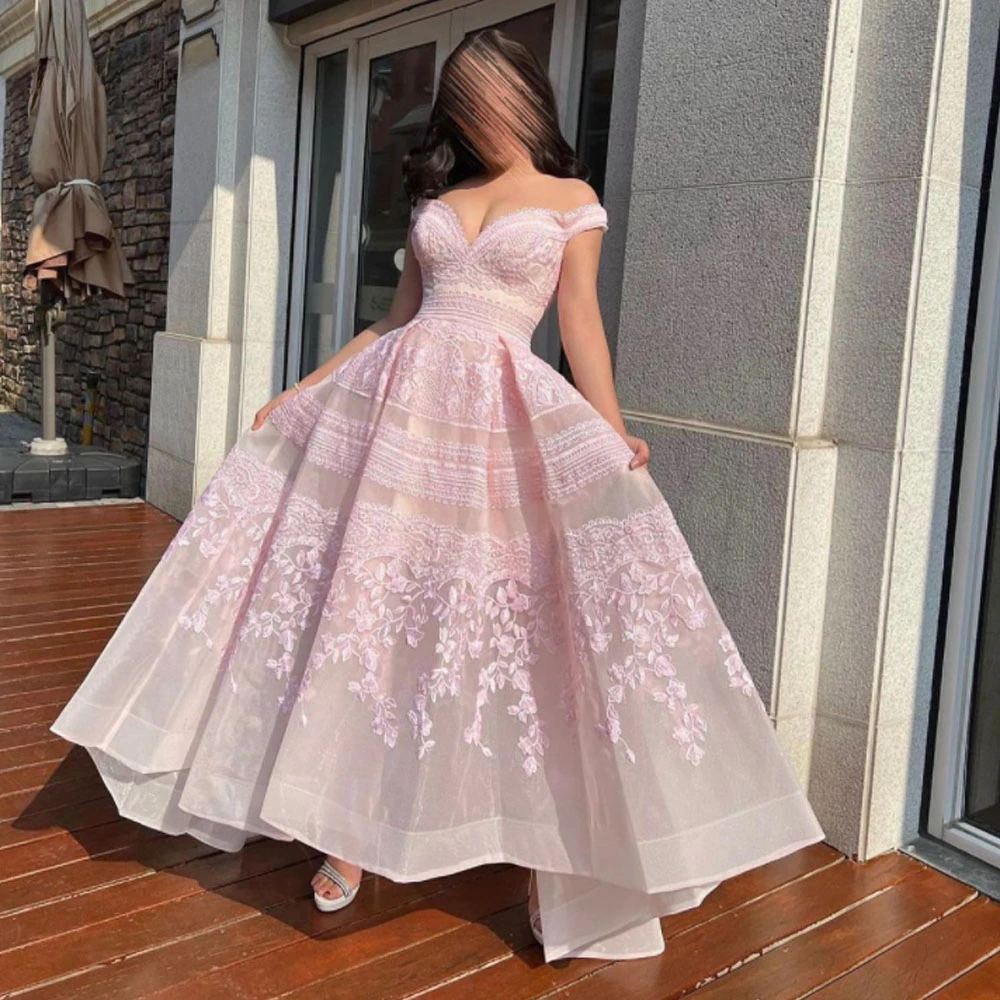 

Customized Appliques Slim Floor-Length High-end Custom Gowns Pink V-Neck Off the Shoulder A-LINE Formal Evening Dress 2023