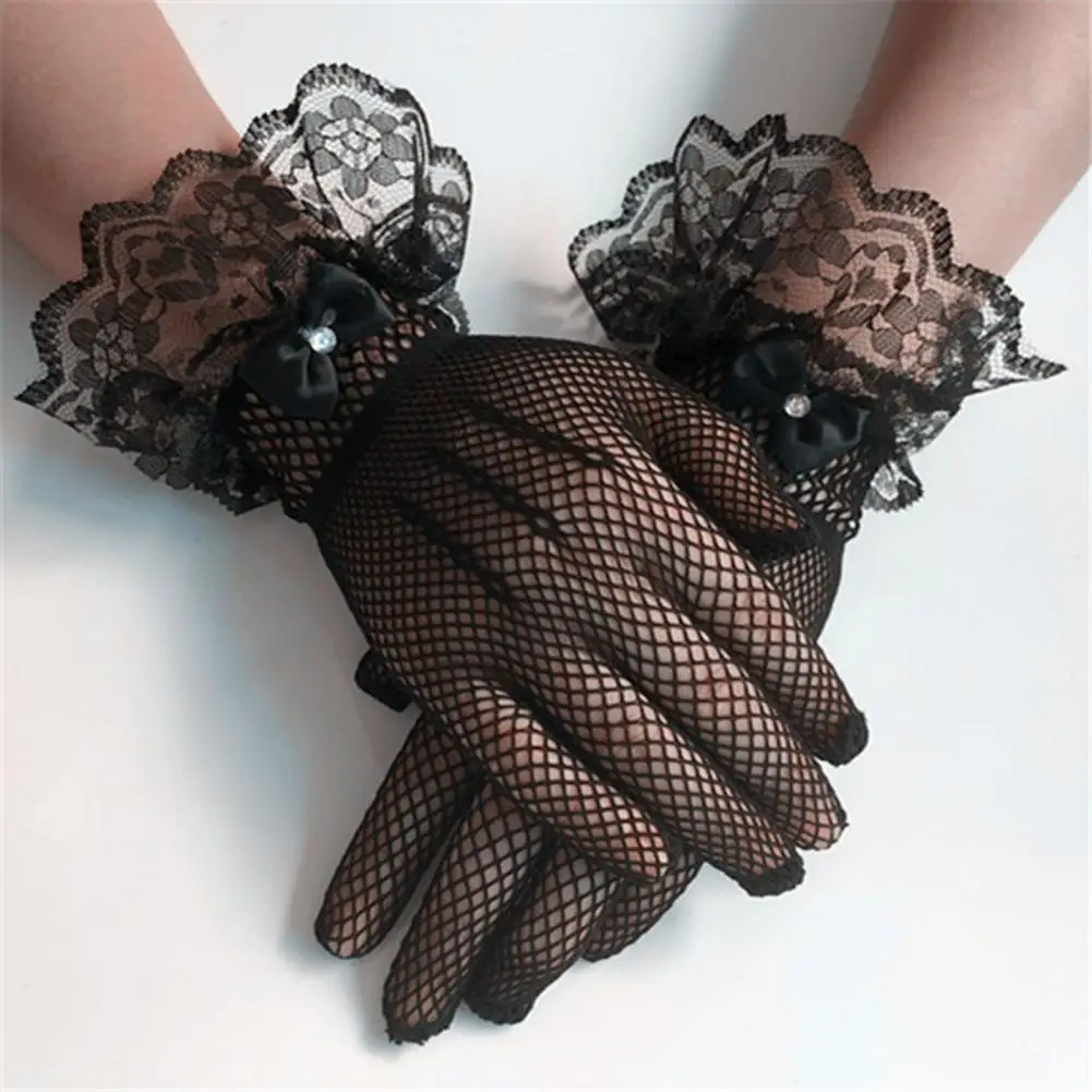 Children Mesh Gloves Elastic Wrist Cuffs Gloves Elegant Lace Bow Wedding Gloves with Faux Pearl Decor Ruffle for Bride for A