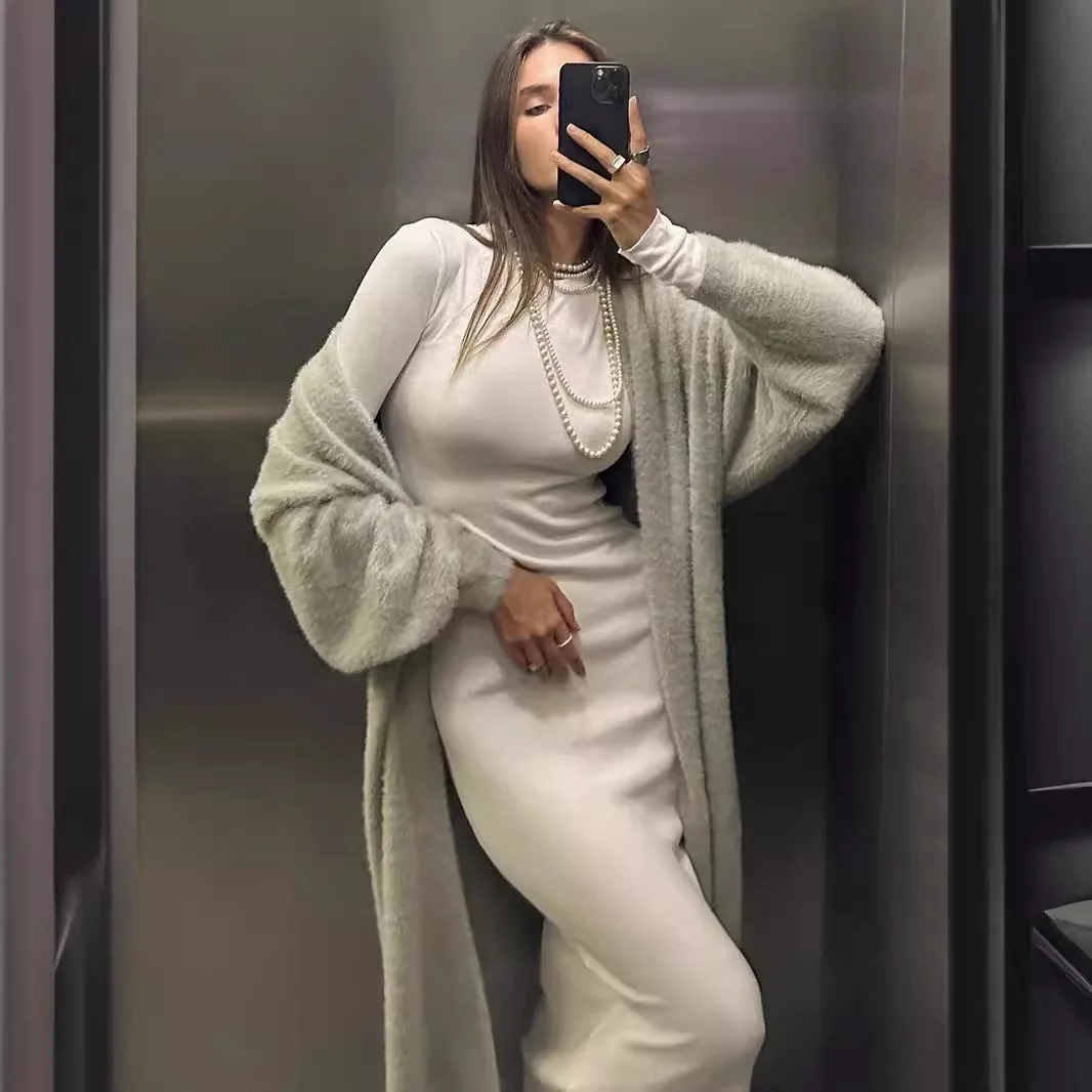 

Hot selling sweater set in European and American style, women's loose and extended cardigan+slit long skirt