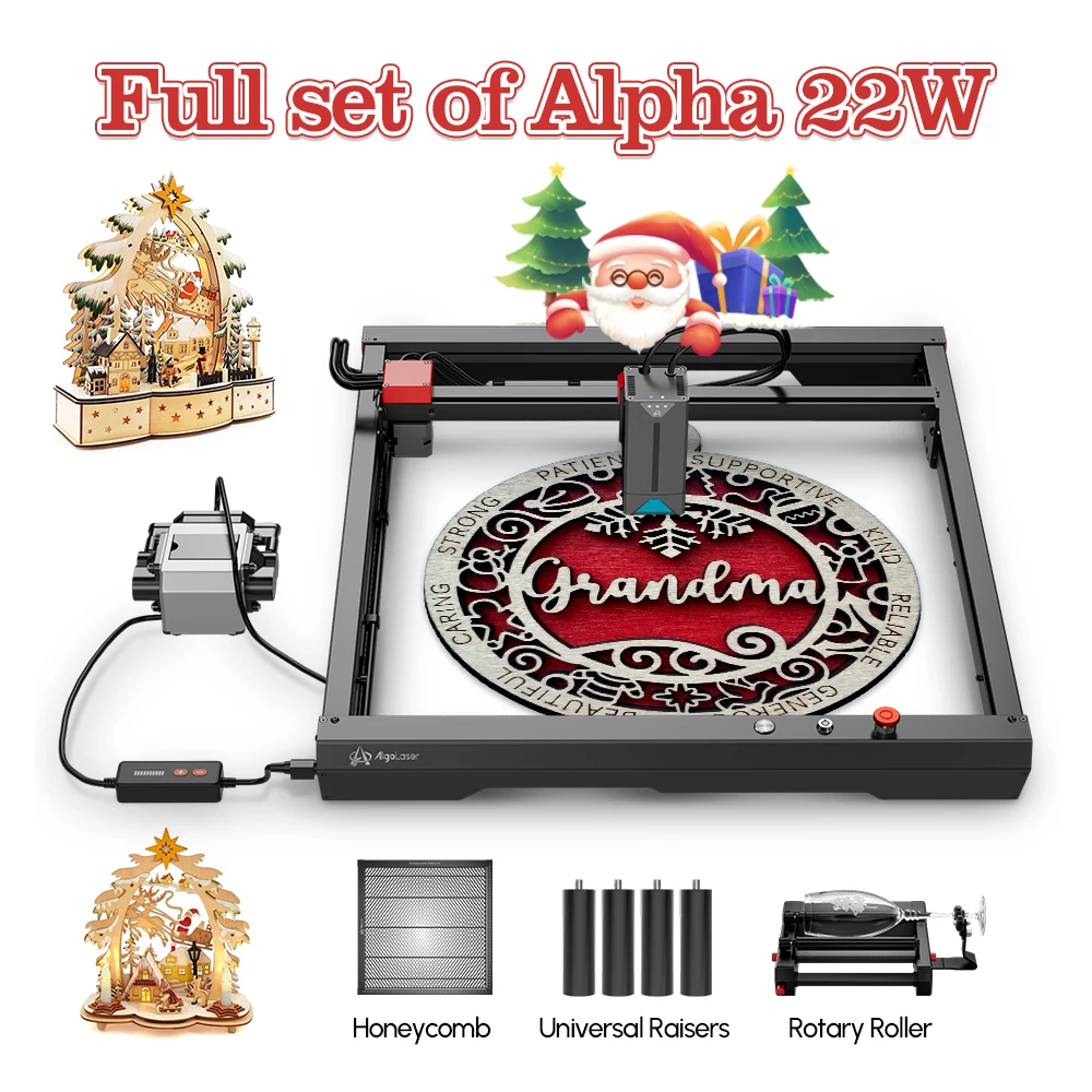 

Algolaser Full Set Of Alpha 22W Laser Engraving Cutting Machine With Rotary Roller&Air pump Table 40*40cm Woodworking Engraver