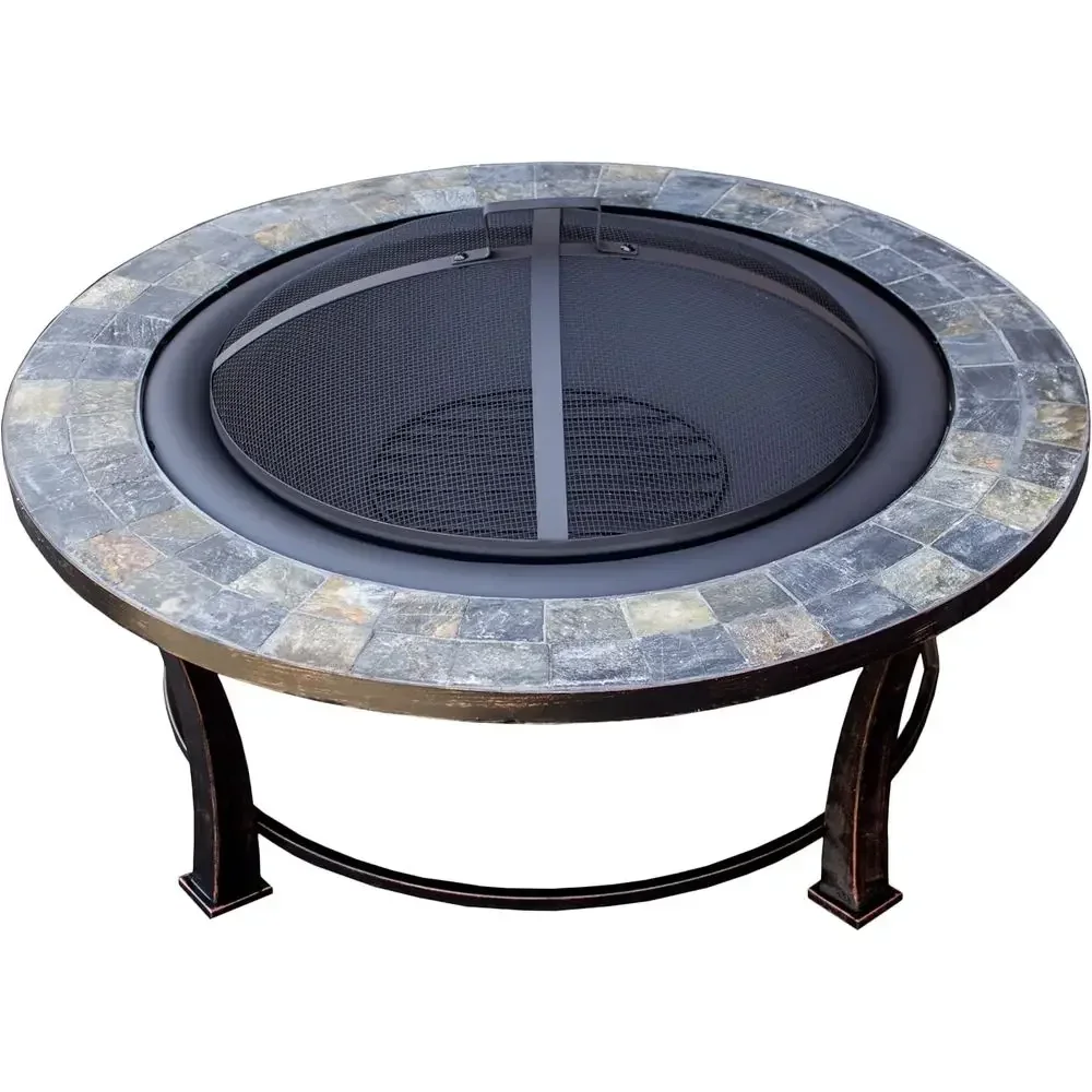 Medium Stone Outdoor Fire Pit with Wooden Grate and Dome Mesh Lid