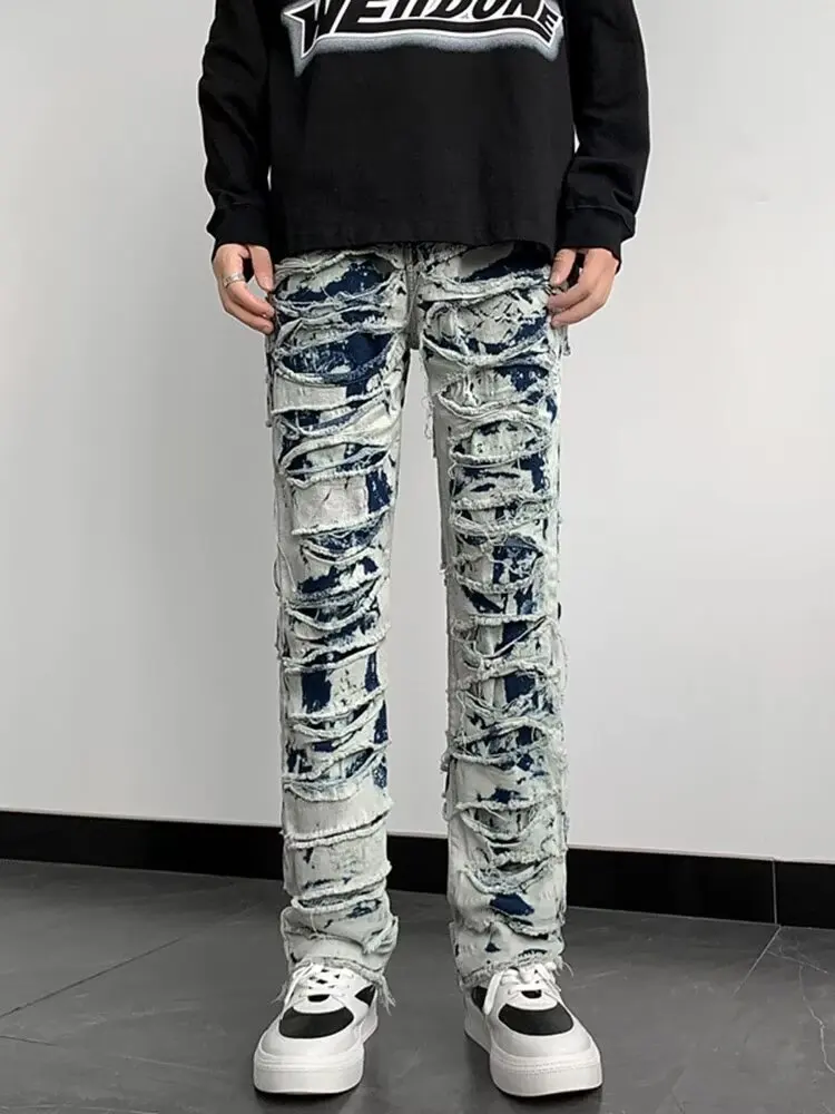 

2025 Cyber Y2K Streetwear Vintage Blue Slim Ripped Stacked New Jeans Pants For Men Clothing Punk Denim Trousers Pantalon Hombre