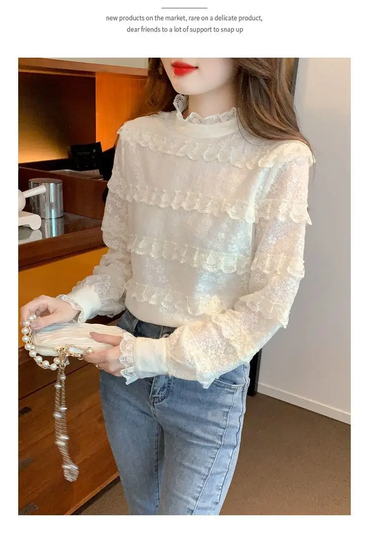 New Autumn and Winter Lace and Plush Thick Half High Neck Warm Bottom Shirt for Women Stylish and Stylish Interior Small Shirt