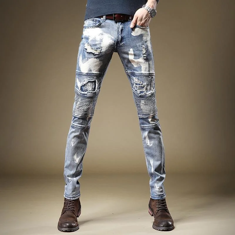 

Trendy brand personality jeans men's self-cultivation hole hip-hop head punk rock graffiti stitching printed trousers pant