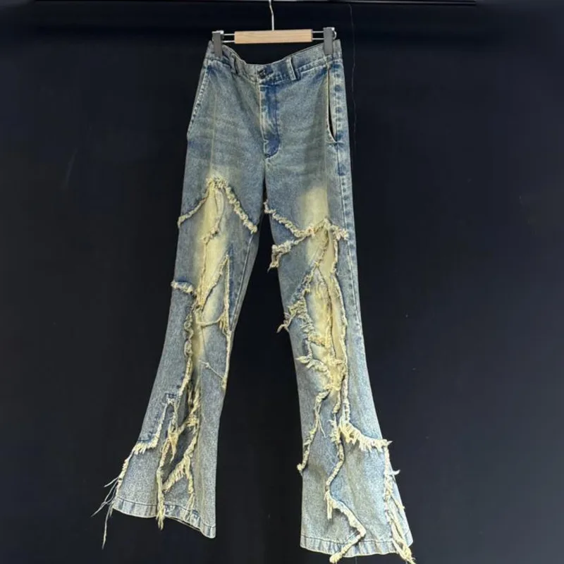 HKSH Spring New Men's Niche Design American Distressed Casual Jeans Frayed Edges Slightly Flared Denim Pants High Street HK19080