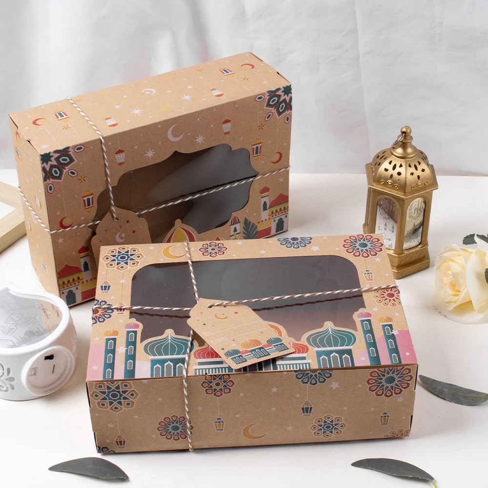 4/8pcs Ramadan Mubarak Kraft Paper Gift Boxes with Window Candy Packaging box Ramadan Kareem Cookies Box Eid Mubarak Decoration