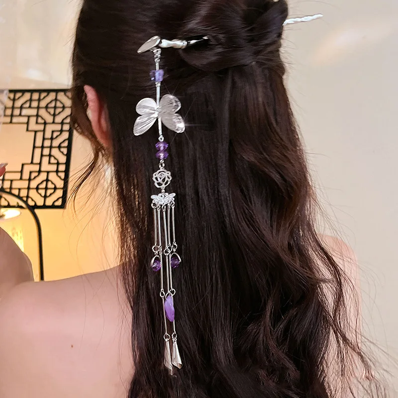

1pc Elegant Purple Butterfly Rhinestone Tassel Hair Stick Neo Chinese Style Hairpin For Women Exquisite Fairy Hair Accessories