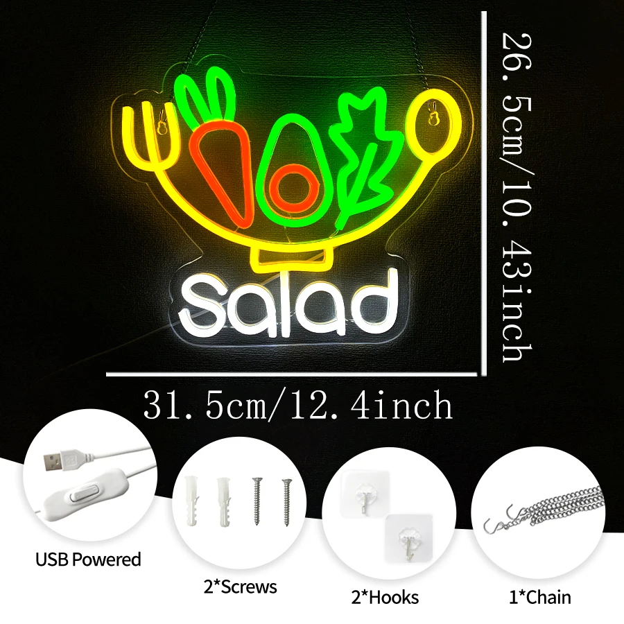 Salad Led Neon Sign, Fruit And Vegetable Food Icon, Suitable For Fast Food Restaurant And Light Food Restaurant Kitchen Decor.