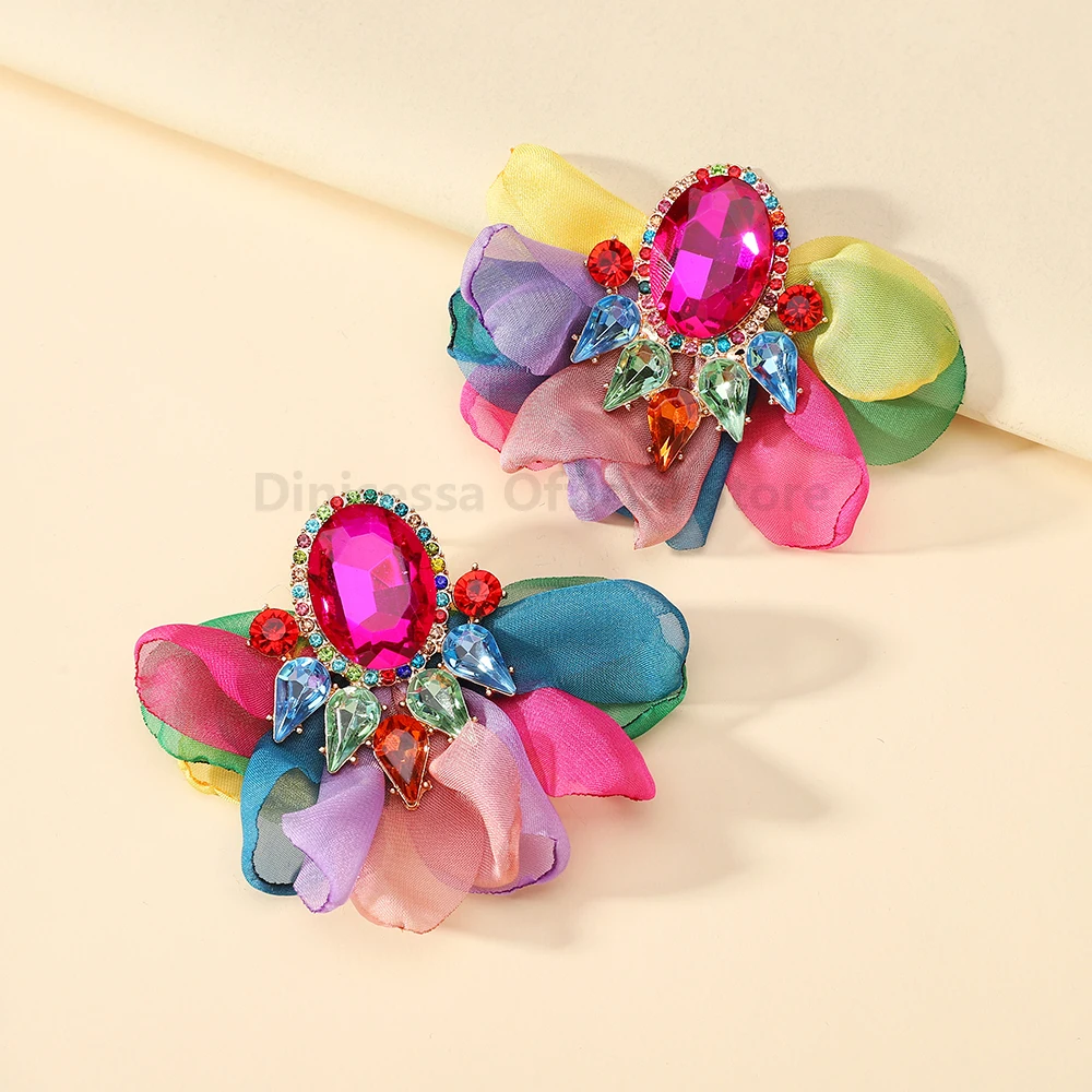 New Countryside Style Fabric Flower Stud Earrings Paired With Large Glass Playful Cute Casual Women's Daily Vacation Jewelry