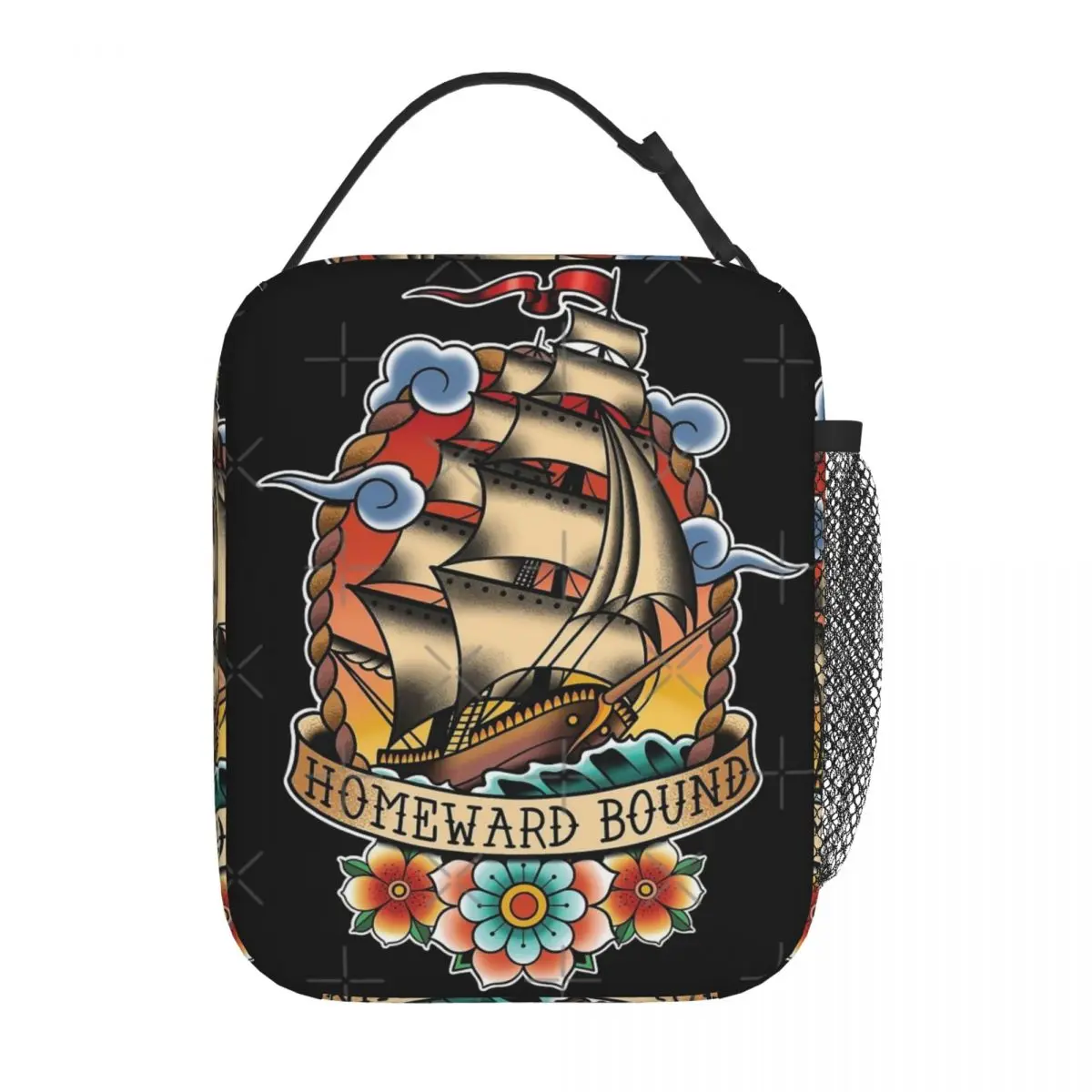 Homeward Bound Traditional Tattoo Sailing Ship Insulated Lunch Bag Modern With Zipper Mesh Bag School Birthday Gift