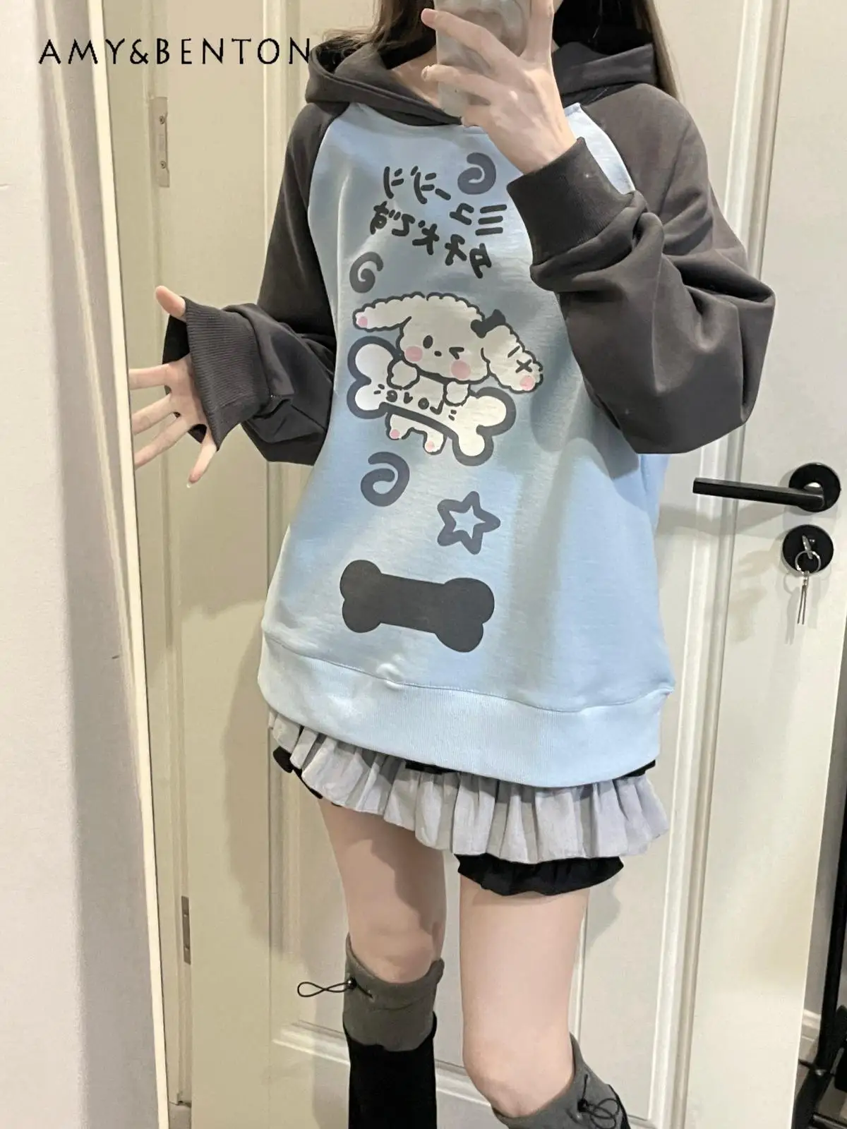 Original Kawaii Cartoon Printed Hoodie Preppy Style Color Matching Casual Hoodies Women American Retro Goth Brushed Sweatshirt