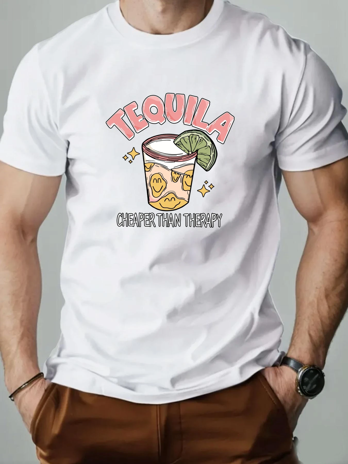 

Men T-Shirt 100% Cotton Tequila Cartoon Pattern Print Summer Round Neck Breathable Casual Short Sleeve Fashion T Shirt
