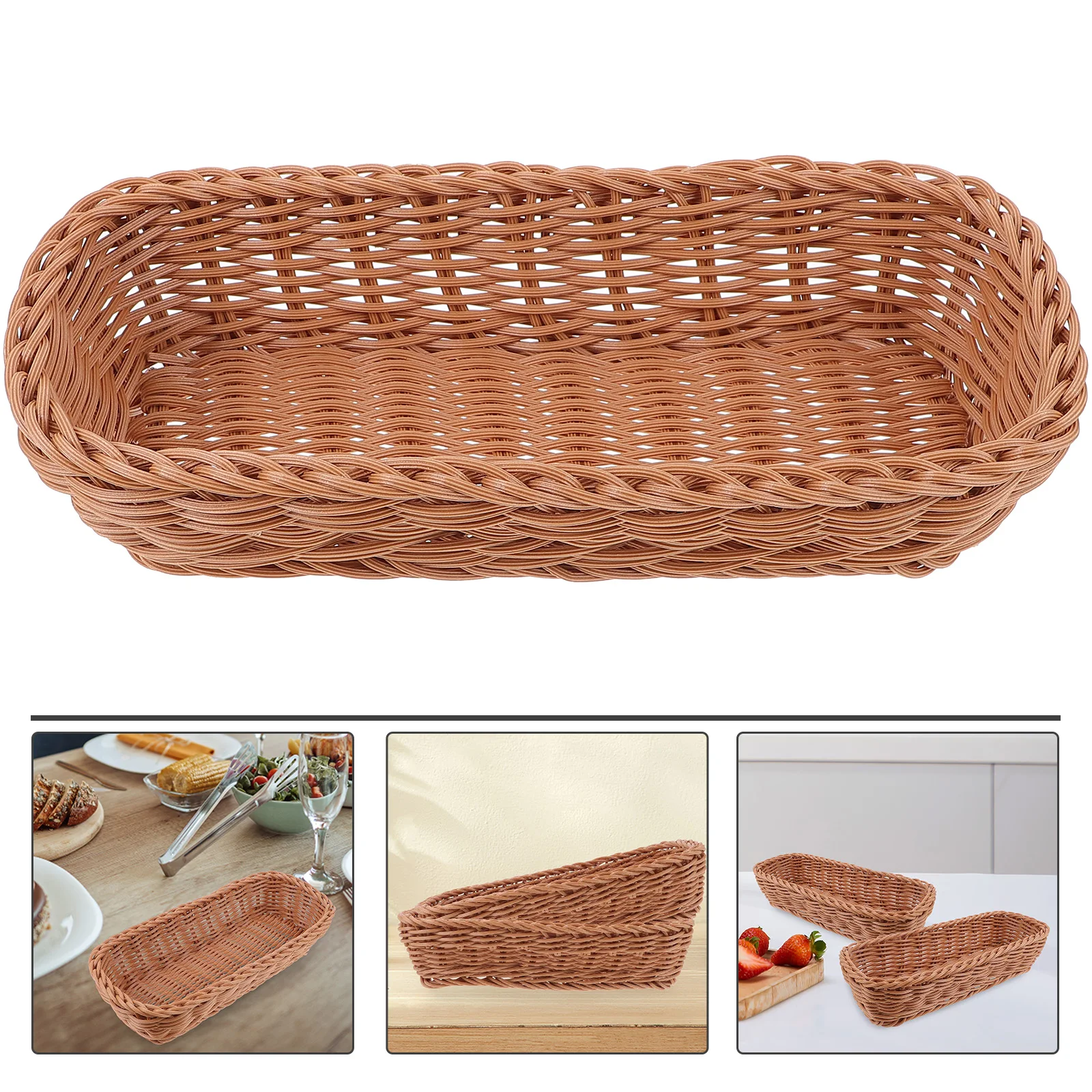 

Desktop Storage Basket Abs Woven Imitation Rattan Rectangular Tray Brown Cutlery Organizer Kitchen Home Storage Household Sundry