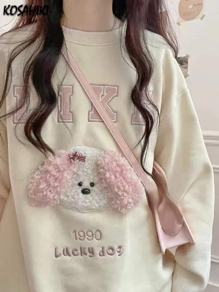 Japanese Kawaii Hoodies Women Dog Letter Embroidery Sweet O-neck Loose Sweatshirt Harajuku Y2k Aesthetic Cute Pullovers Moletom