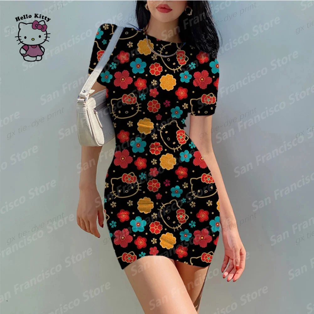 

Summer Mini Dress Girl Hello Kitty Print Short Sleeve Dress Mother Parent-Child Dress Party Beach Dress Flower Classic 3D Print