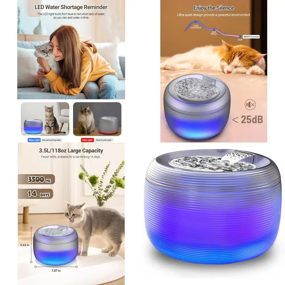 

Фонтан для кошек объемом 3,5 л, фонтаны для кошек большой емкости на 118 унций для питья со светодиодной подсветкой уровня воды, тихая автоматическая вода для домашних животных F