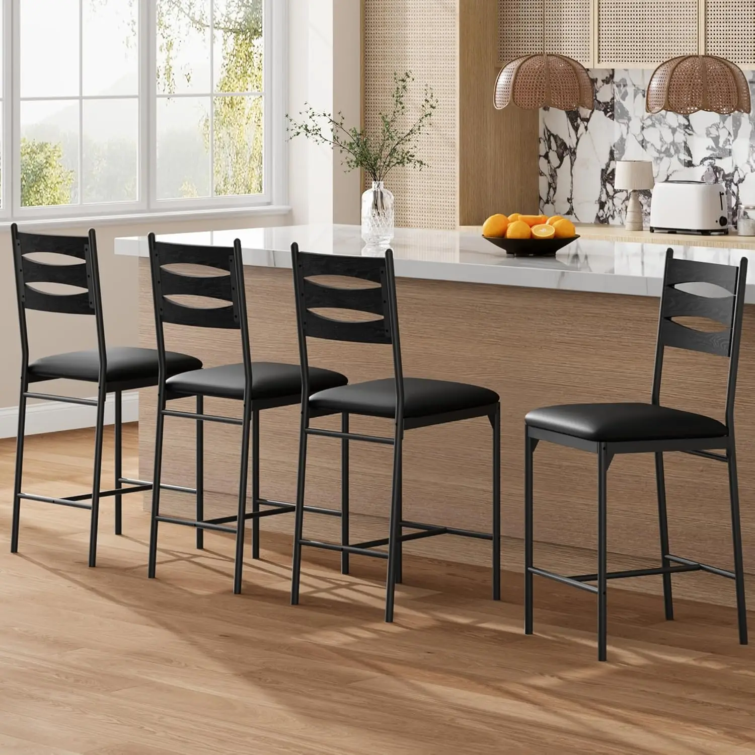 

Home Bar Stools Set of 4, Counter Height Bar Chairs with Back and Thick Cushion, Upholstered Dining Chairs with Padded Seat,
