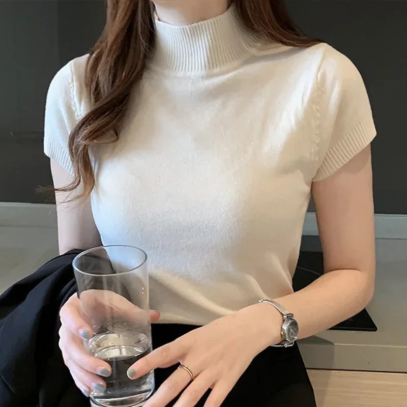 New Half Turtleneck Slim Knitted T-shirt Women Elegant Solid Short Sleeve Casual Versatile Pullover Tops Casual Skinny Tops 8576