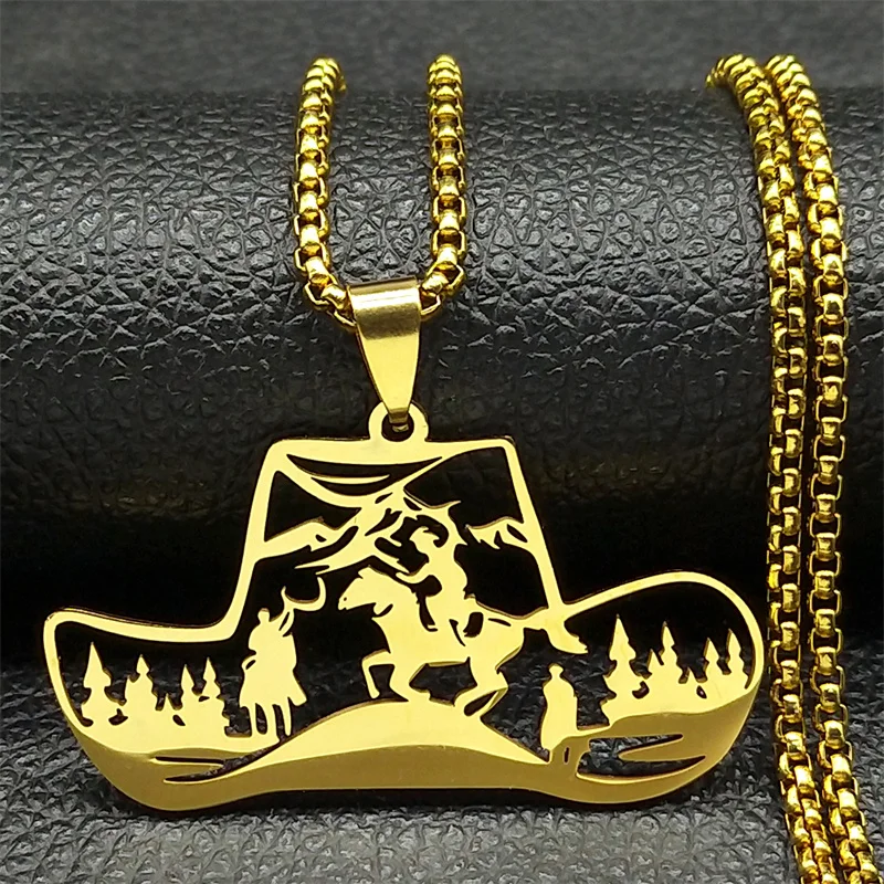 قبعة رعاة البقر الغربية شجرة قلادة للنساء الرجال قلادة فضية من الفولاذ المقاوم للصدأ اللون الجوف الحصان الحيوان الذكور سلسلة مجوهرات هدايا #2