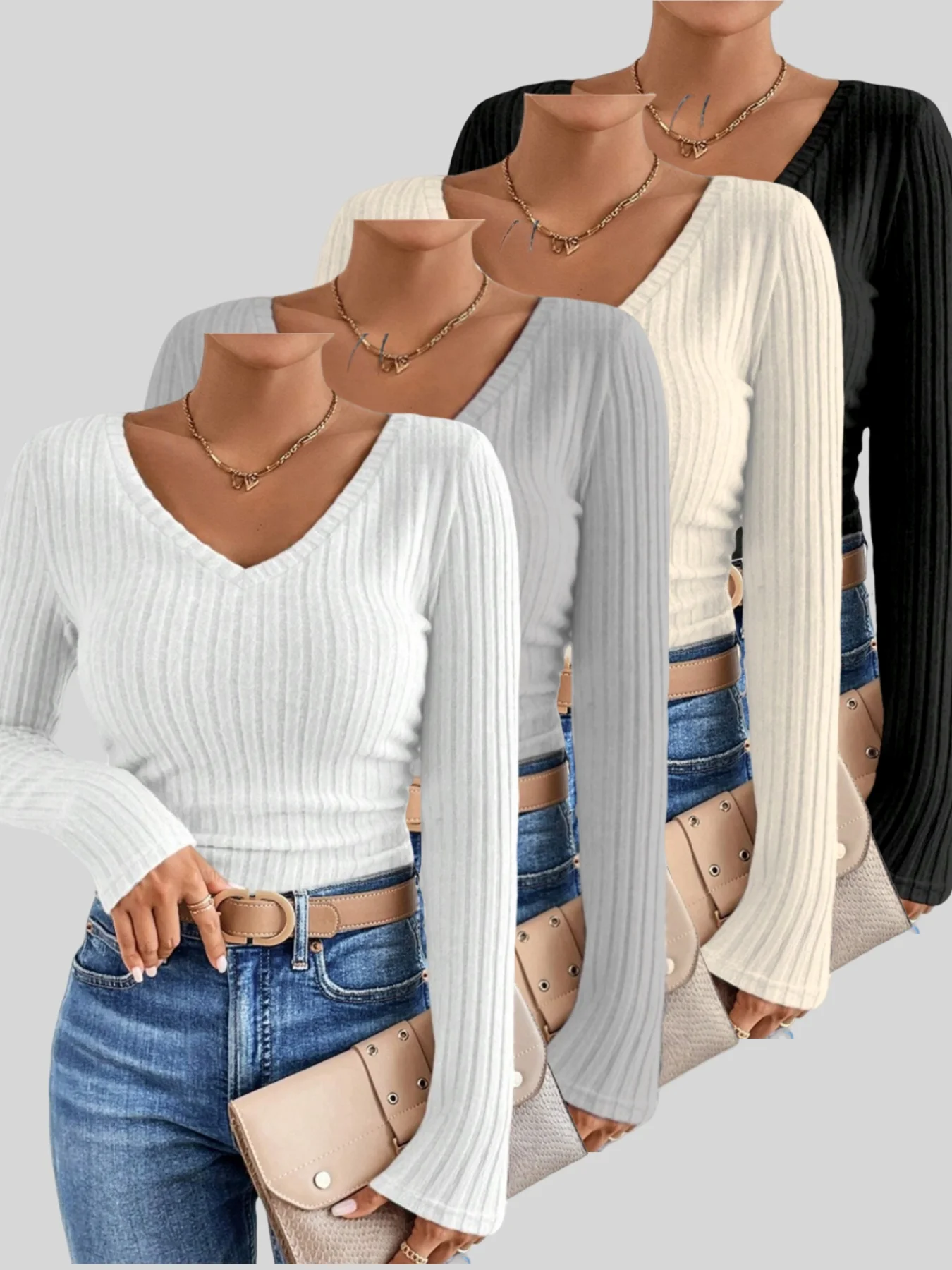 

Lady's new spring-autumn solid-color V-neck long-sleeve T-shirt set of 4 pieces