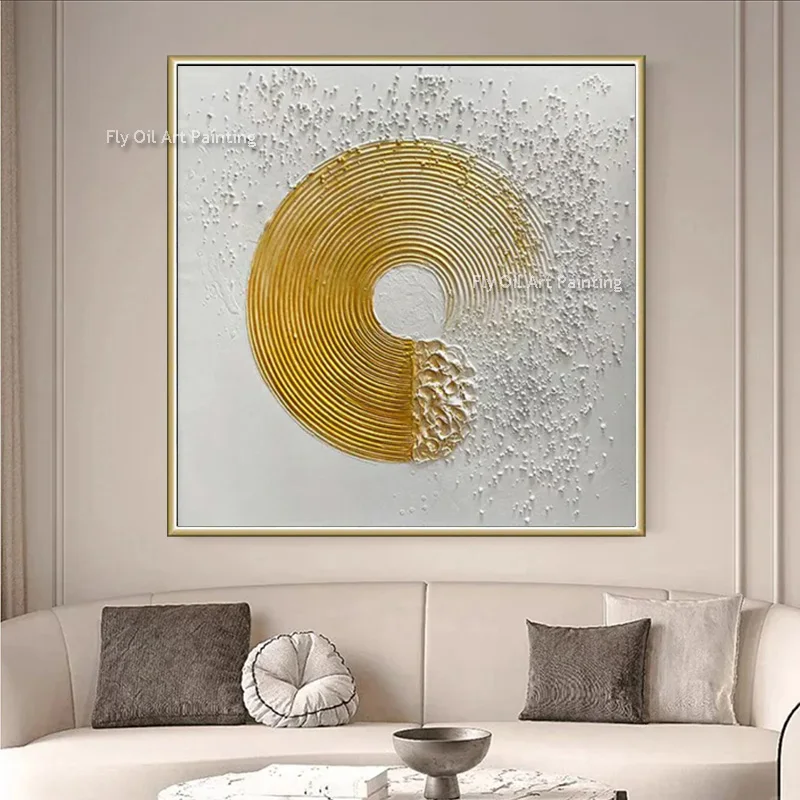 Black White Canvas Thick Circle Wall Art Decor For Living Room Handpainted New Design Golden White Circle Oil Painting As Gifts