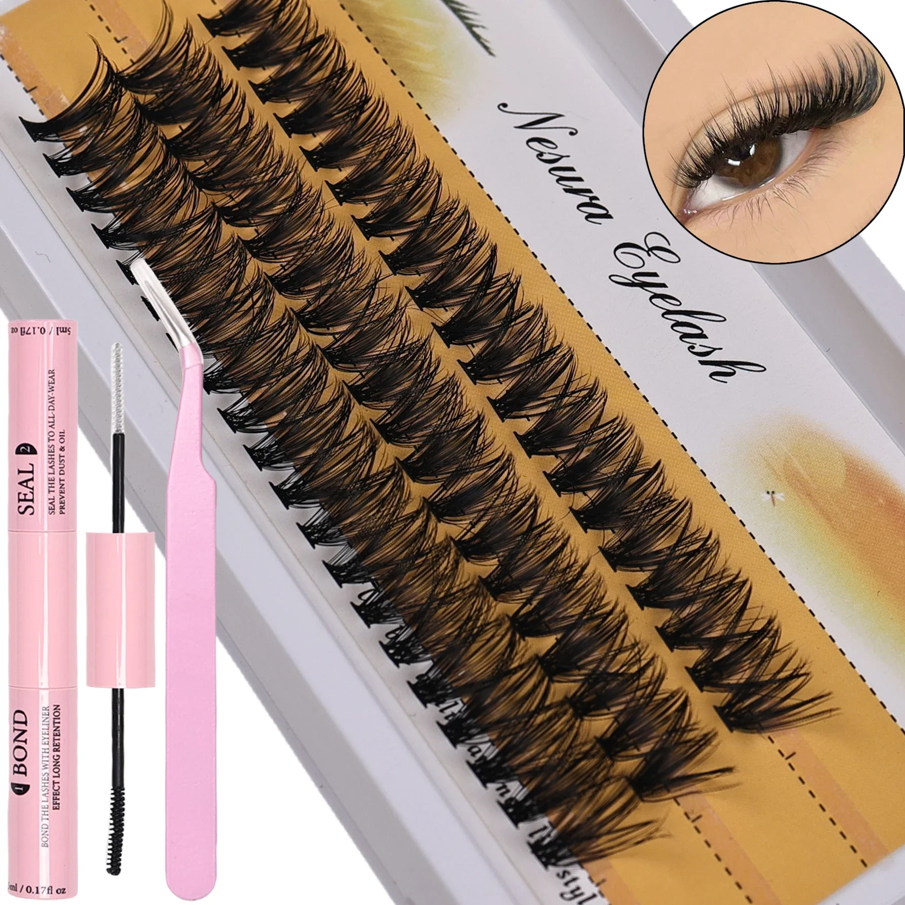 60pcs Cluster Eyelashes - Natural Dramatic Volume Lashes Extension Individual Lashes Bond and Seal and Lash Applicator