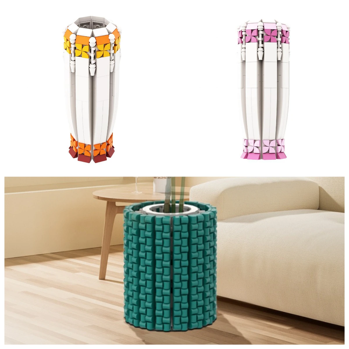 MOC Set Blok Bangunan Vas Zamrud Eksklusif Oranye Merah Muda Bunga Matahari Tanaman Pot Bunga Mainan Vas Mawar Hadiah Ulang Tahun Anak-anak