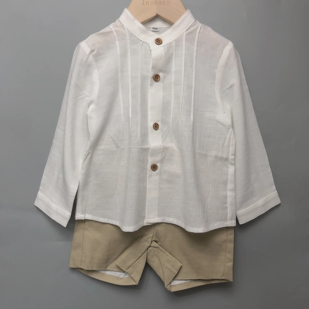 Children Boutique Clothing Toddler Boys Cotton Long Sleeve Shirt Khaki Linen Straps Shorts Eid Clothes Baptism Spanish Style