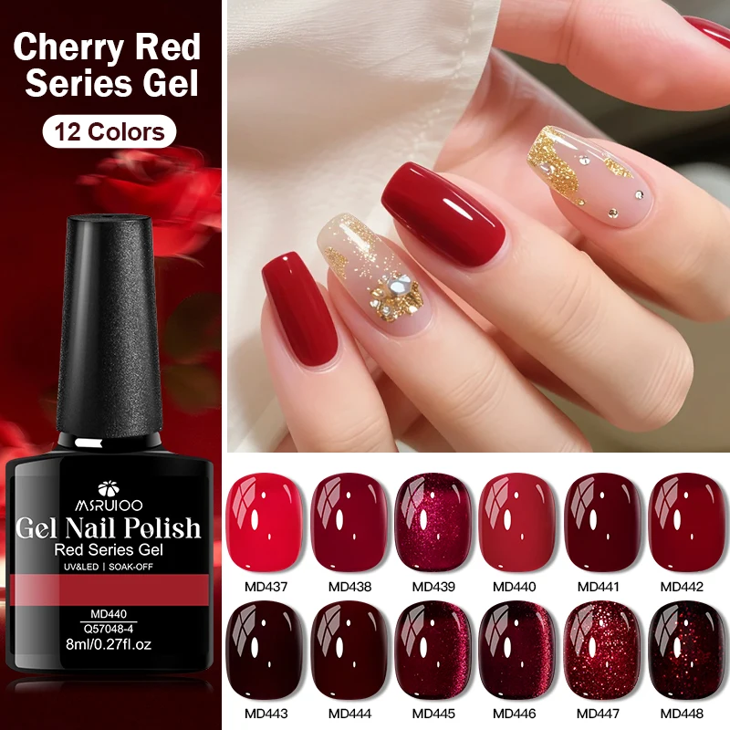 

MSRUIOO 8ml Cat Eye Gel Nail Polish in Cherry Wine Red Magnetic Gel Polish with Shimmer Red Cat Eye Design Long Lasting Shine