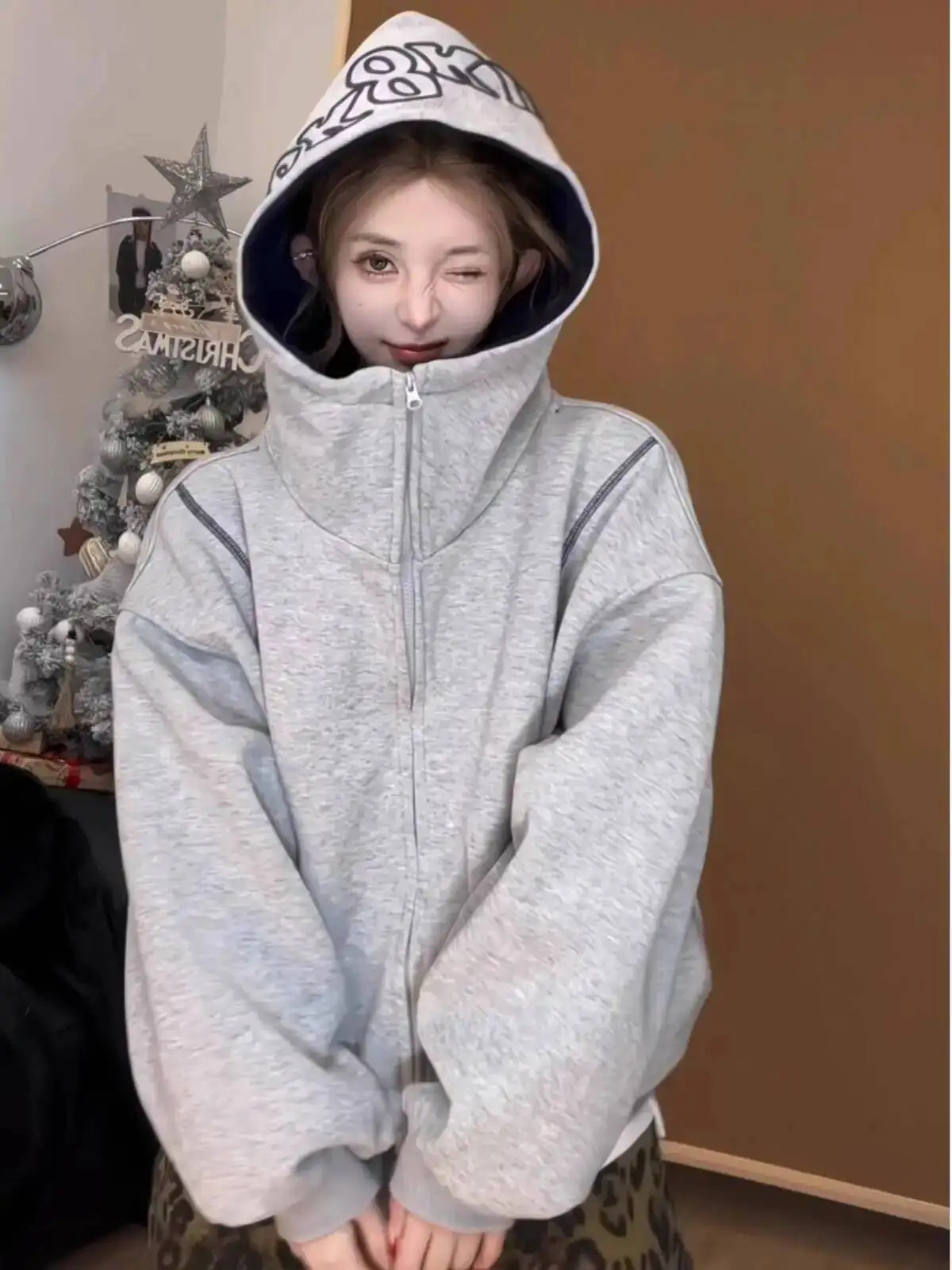 Loose Zipper Hooded Jacket Short Pure Color Trendy Sweatshirt Top Korean Style Autumn Winter Women's Clothing