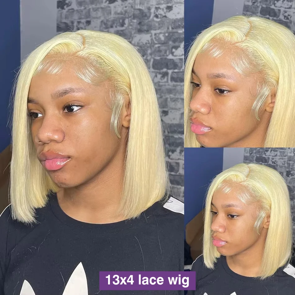 200% # 613 Bob Honey Blonde Straight Blonde 13x4 Lace Frontal Wigs HD Transparent Brazilian Pre Plucked Lace Front Human Hair Wig