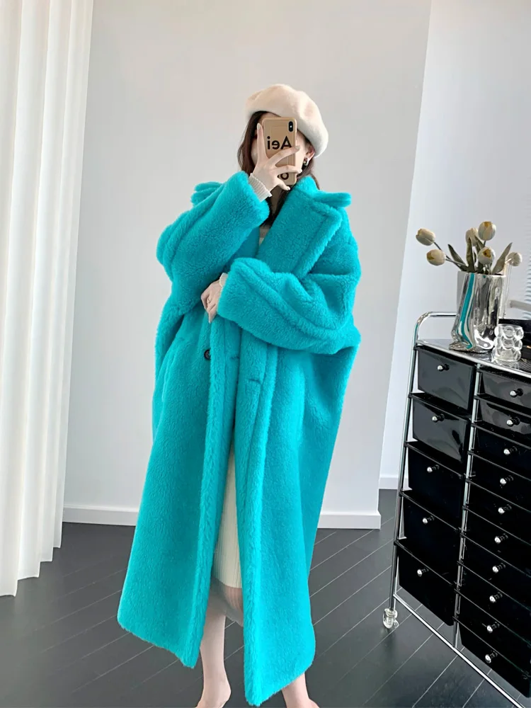 2023 Winter New Teddy Bear Coat Long Women Loose Silhouette Alpaca Fur Teddy Mid-length Real Fur Coat Lapel Luxury Female Clothi