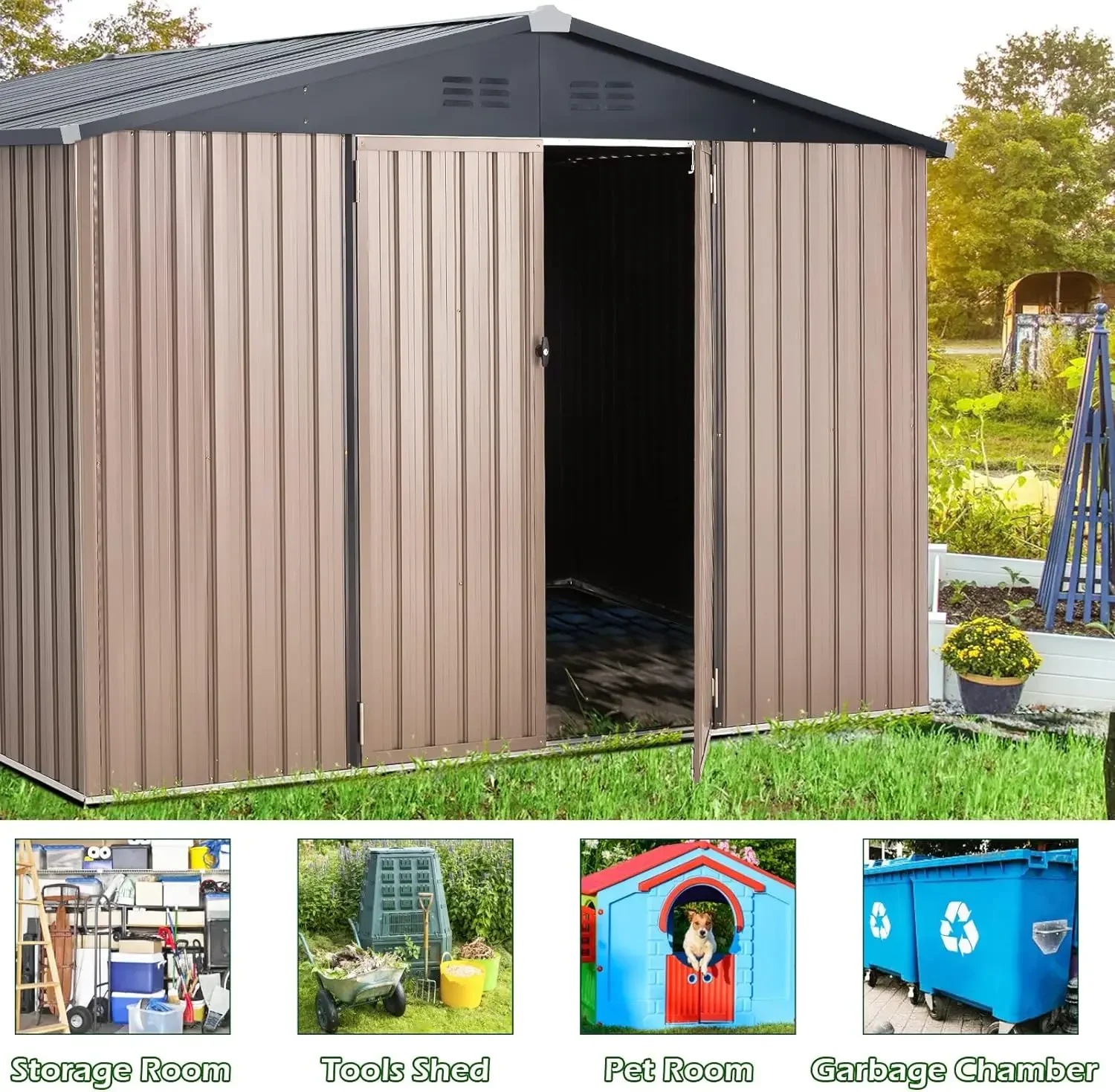 8' x 10' Metal Storage Shed for Outdoor, Steel Yard Shed with Design of Lockable Doors, Utility and Tool Storage for Garden