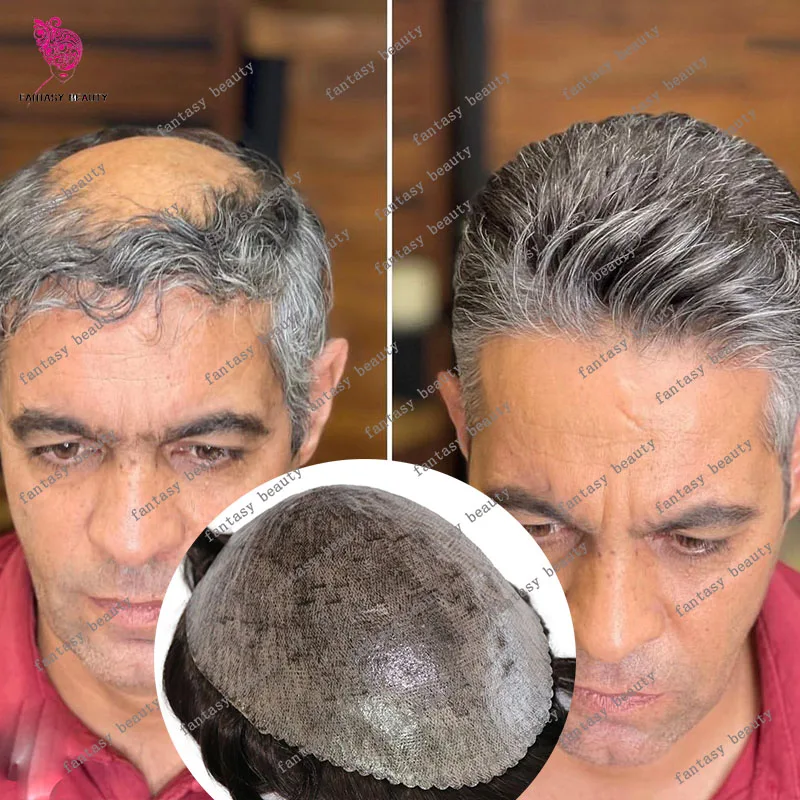 100% Human Hair Poly Skin Scalloped Natural Hairline Men's Toupee for Old Fashion Grey 1B40 1B80 Prosthesis Replacement System