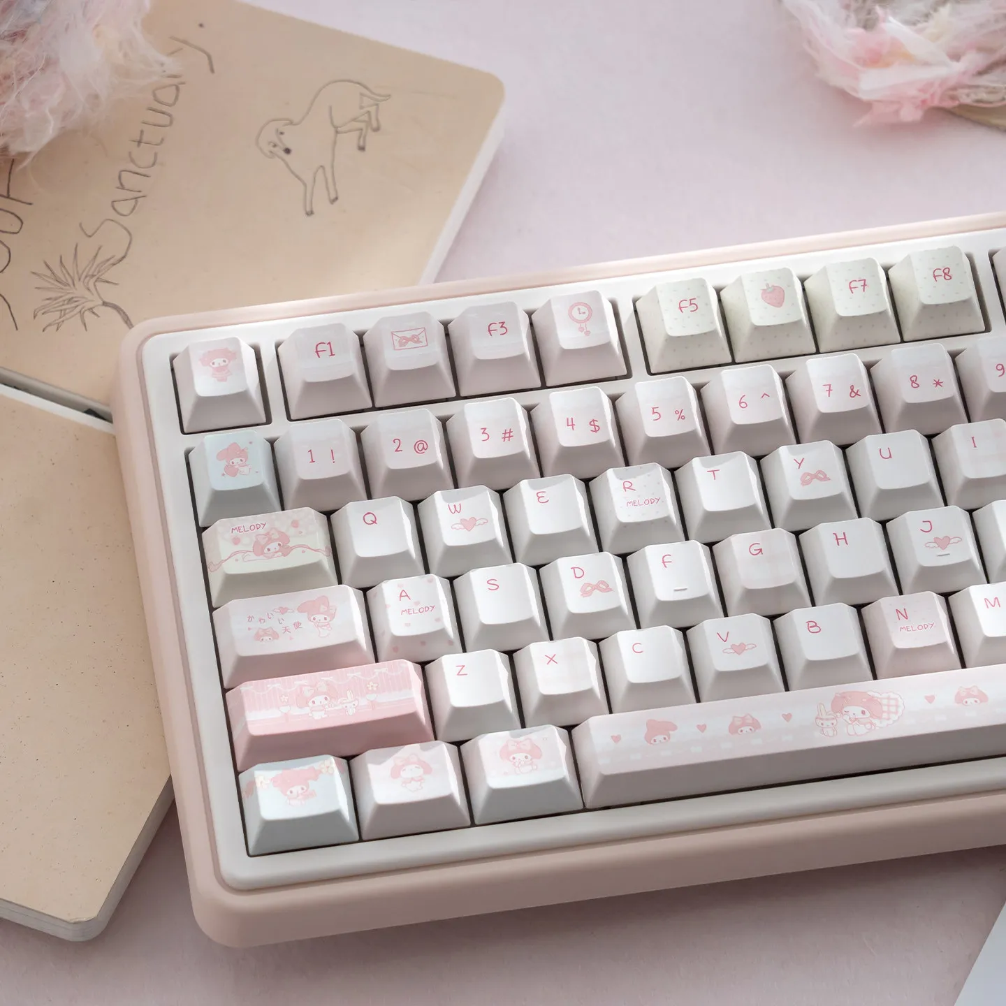 Kawaii My Melody Keycaps Themed Pink BPT Sublimation Cherry Profile Keycap for MX Switches Alice ISO Layout Mechanical Keyboards