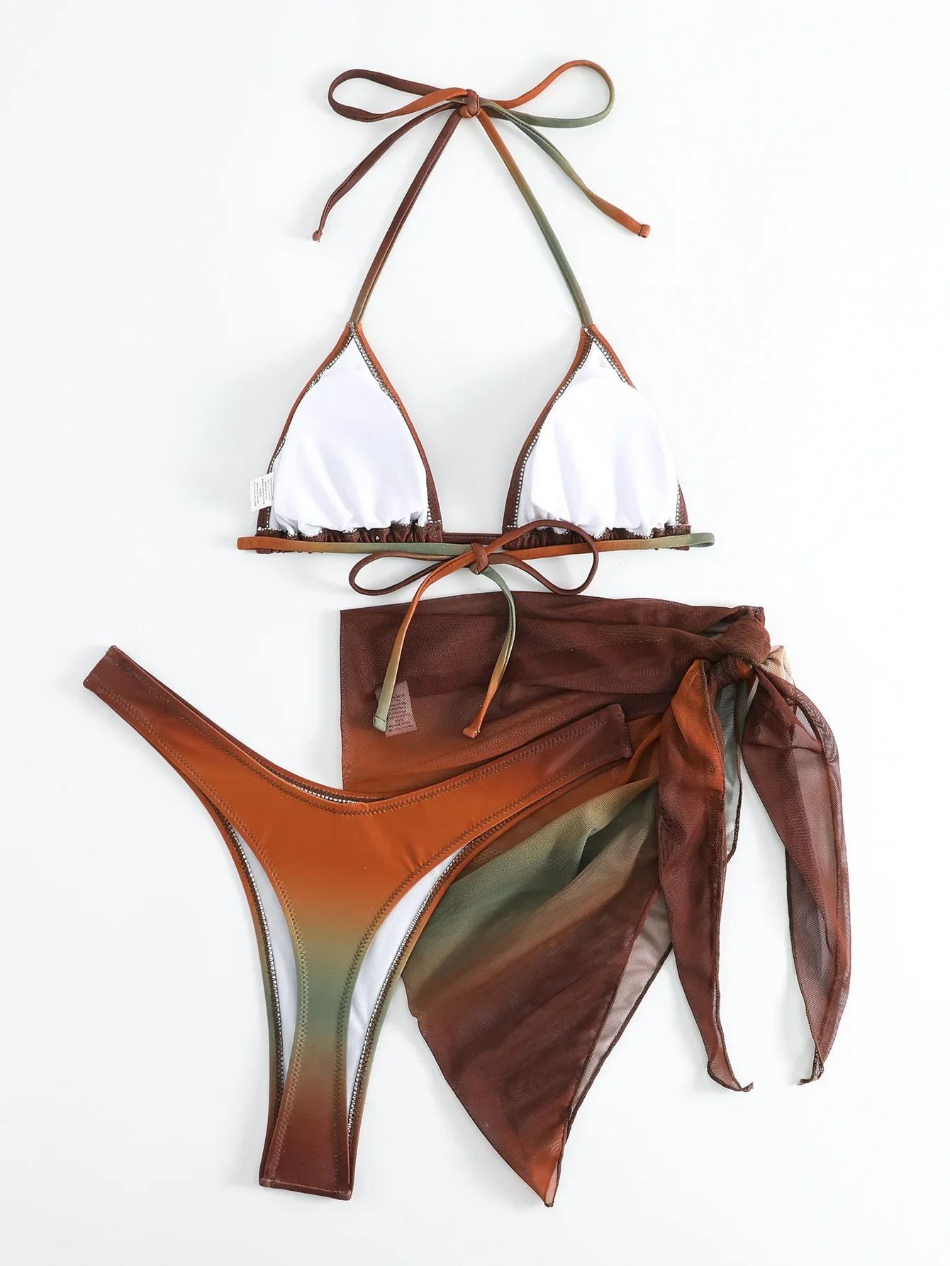 Sexy Brown Gradient Bikini 2025 Swimwear Women Halter Push Up Bra Mesh Skirt 3 Piece Swimsuit Bathing Suit Cover Up Bikinis Sets