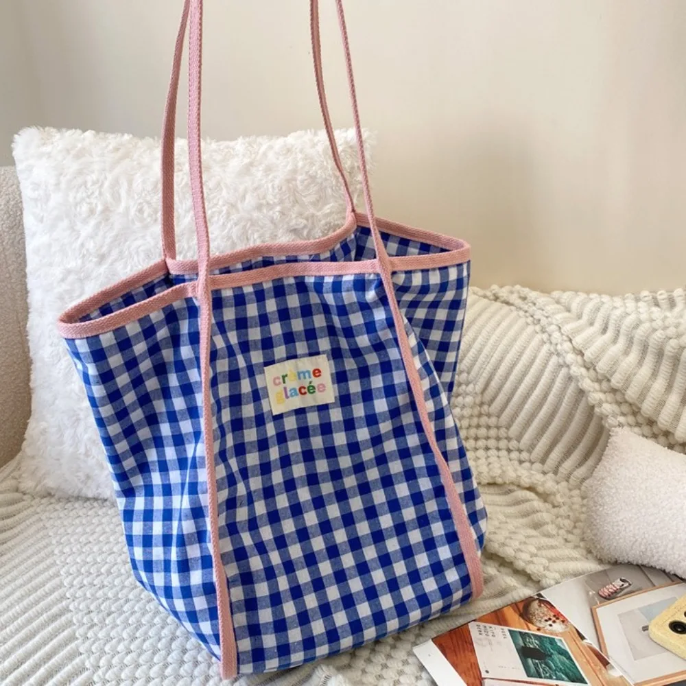 Women Canvas Shoulder Bag Red Plaid Books Daily Shopping Bags Students Bookbags Cotton Cloth Handbags Large Tote For Girls